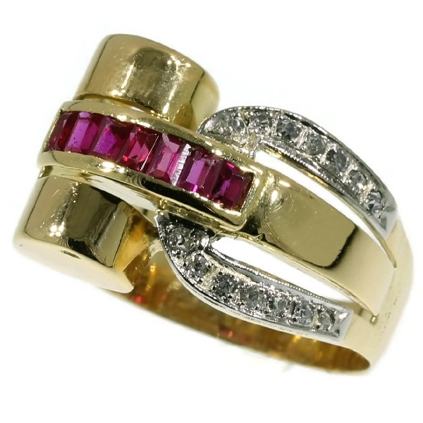 Typical Retro ring, cocktail ring, forties ring, rubies and diamonds